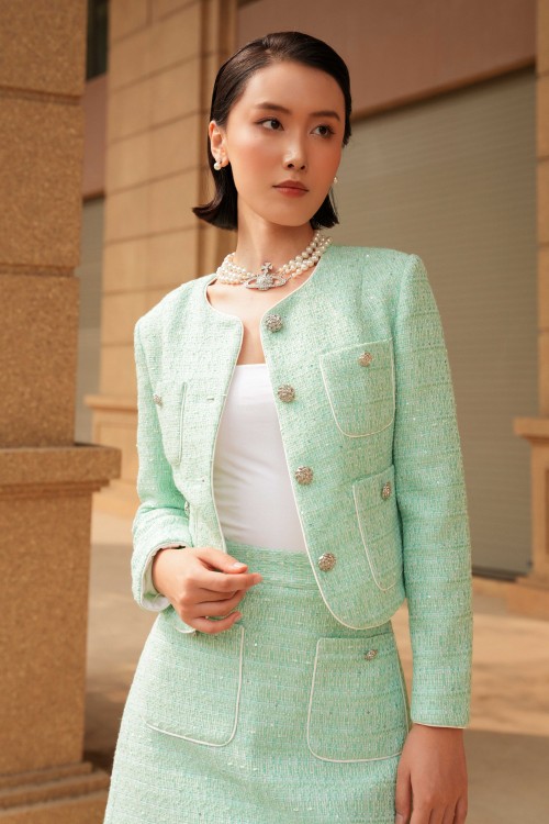 Sixdo Light Turquoise Long Sleeves Tweed Vest